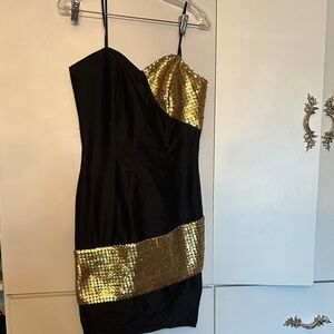 Gold & Black Sequin Asymmetrical Slip Dress NEW